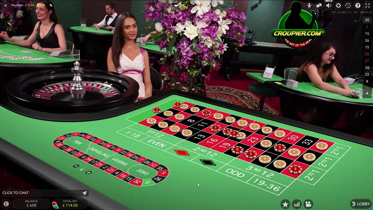 Interfaz de una mesa de ruleta en vivo con el historial de números y el contador